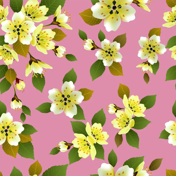 Fondo Primavera Sin Costura Vectorial Con Flores Blancas Rosadas Con — Vector de stock