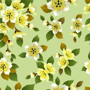 Vektör sorunsuz bahar arka plan yeşil ve sarı yaprakları ile beyaz ve pembe çiçekli