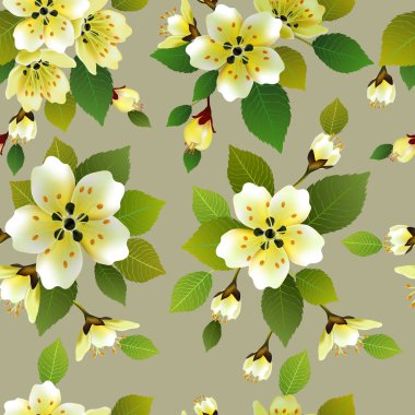 Vektör sorunsuz bahar arka plan yeşil ve sarı yaprakları ile beyaz ve pembe çiçekli