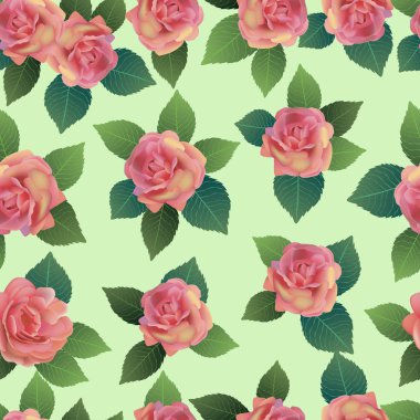 Vektör sorunsuz bahar arka plan yeşil ve sarı yaprakları ile beyaz ve pembe çiçekli