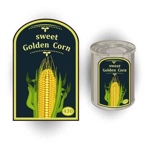 Tatlı Mısır üç gerçekçi mısır koçanı ve kaligrafi yazıt görüntü ile vektör çizim için bir etiket ile teneke kutu konserve