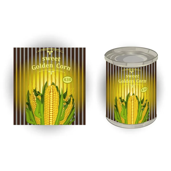 缶のラベルとのベクトル イラスト 現実的なトウモロコシの穂軸と書道碑文のイメージでスイート コーンの缶詰 — ストックベクタ