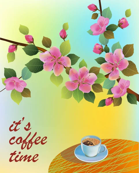 Banner Hojas Primavera Floreciendo Flor Cerezo Café Mesa Primavera Hora — Vector de stock