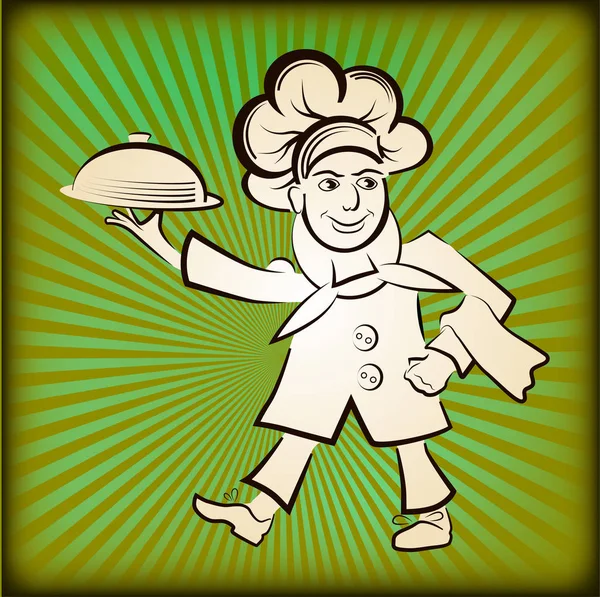 Ilustración Vectorial Menú Cocina Restaurante Bar Cocinero Lleva Una Comida — Vector de stock