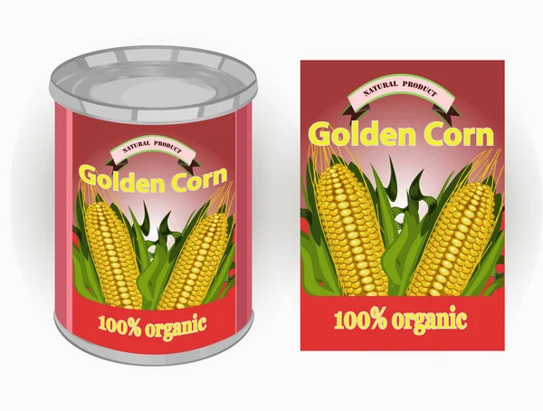 Tatlı Mısır üç gerçekçi mısır koçanı ve kaligrafi yazıt görüntü ile vektör çizim için bir etiket ile teneke kutu konserve