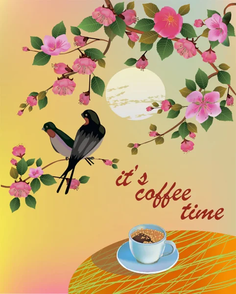 Bannière Printemps Feuilles Floraison Cerisier Fleur Café Sur Table Printemps — Image vectorielle