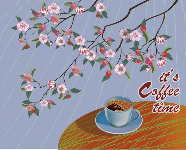 Banner Hojas Primavera Floreciendo Flor Cerezo Café Mesa Primavera Hora — Vector de stock