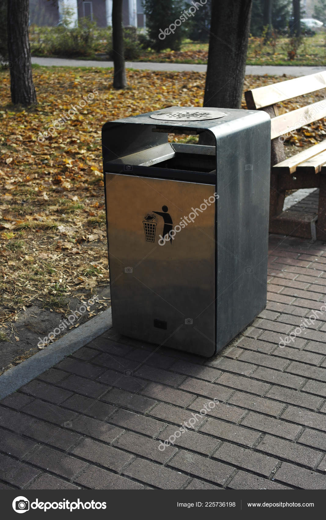 Street Bench Next Modern Garbage Bin Stock Photo C Dobrik72
