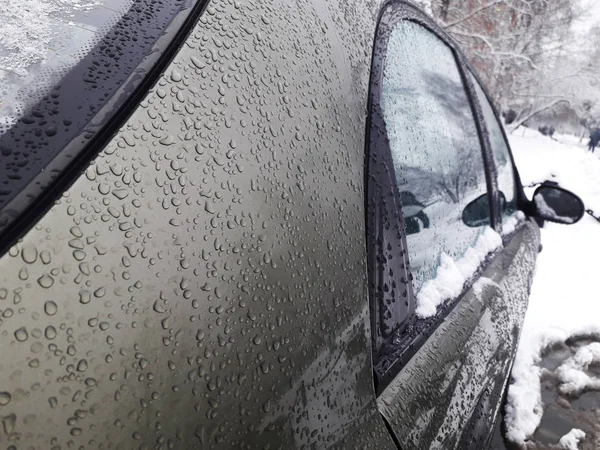 Vodní Kapičky Auto Zimě Makro — Stock fotografie