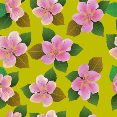 Vektör sorunsuz bahar arka plan yeşil ve sarı yaprakları ile beyaz ve pembe çiçekli