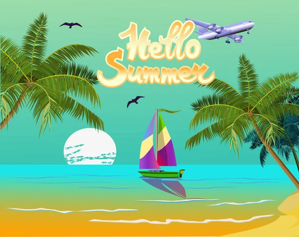 Vector Banner Vacaciones Verano Diseño Viaje Océano Entre Palmeras — Vector de stock