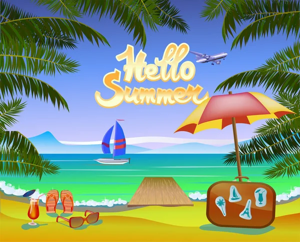 Vector Banner Vacaciones Verano Diseño Viaje Océano Entre Palmeras — Archivo Imágenes Vectoriales