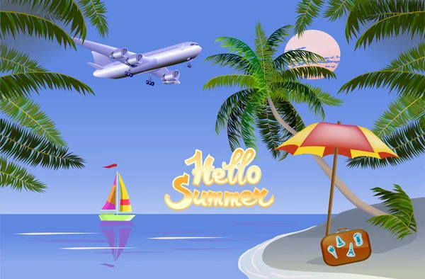 Vektor Banner Sommerurlaub Und Reisedesign Auf Dem Meer Zwischen Palmen — Stockvektor