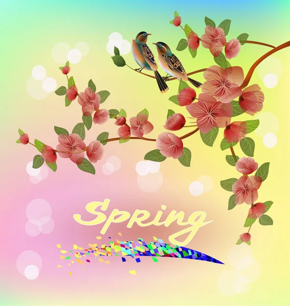 Happy Mother Day Achtergrond Met Bloemen Boom Twee Birdies — Stockvector