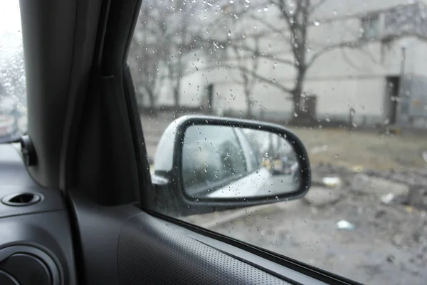 View from the cab of the car on rainy weather