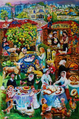 Resim Yahudi büyük bir ailede kızların doğuşu. Resim, yağ.