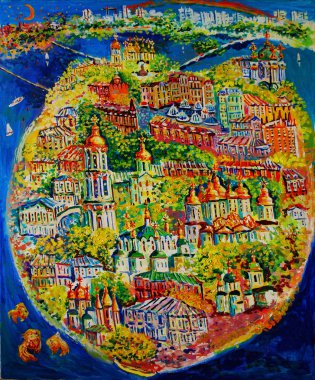 Picture, view of Kiev on a summer night. Painting, oil.