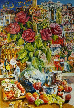 Güzel bir günde bir pencere boyama, tiyatroya mutlu bir bilet. . Resim, yağ.