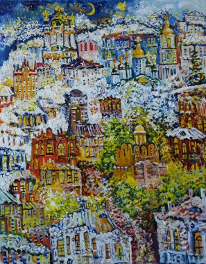 Picture, view of Kiev at night in winter. Painting, oil.
