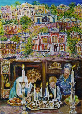 Resim, Aile Menorah mumlar Shabbat shalom ateş ayarlar! Resim, yağ.