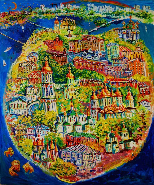 Picture, view of Kiev on a summer night. Painting, oil.