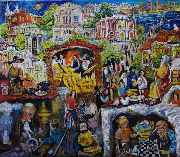 Immagine Della Festa Pesach Nel Quartiere Ebraico Pittura Olio — Foto Stock