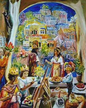 Resim Yahudi tatil Purim, karnaval kostümleri çocuklar boya. Madde.