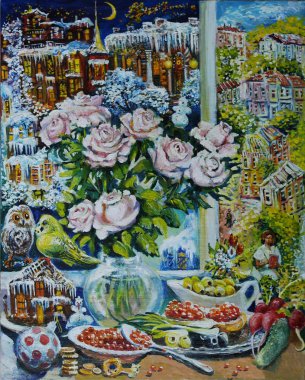 Muhteşem bir şehir, petrol sanatı arka planda beyaz çiçekler boyama.