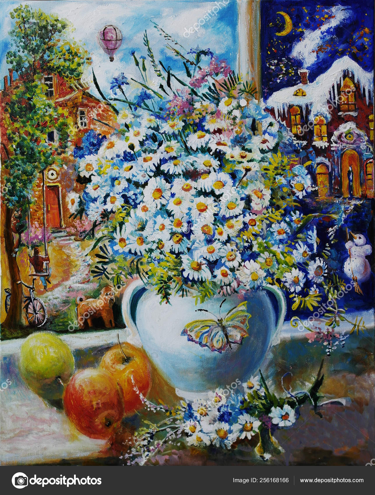 Oil Paintings Still Life Daisies Vase Windowsill Fine Art Stock