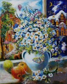 Картина, постер, плакат, фотообои " oil paintings of still life of daisies in a vase on the windowsill. fine art", артикул 256168166