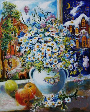  Oil paintings of still life of daisies in a vase on the windowsill. Fine art