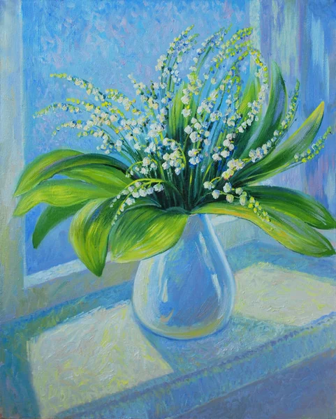 Oil paintings still life lilies of the valley in a vase on the window sill. Fine art