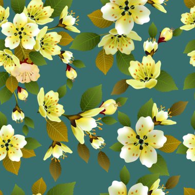 Vektör sorunsuz bahar arka plan yeşil ve sarı yaprakları ile beyaz ve pembe çiçekli