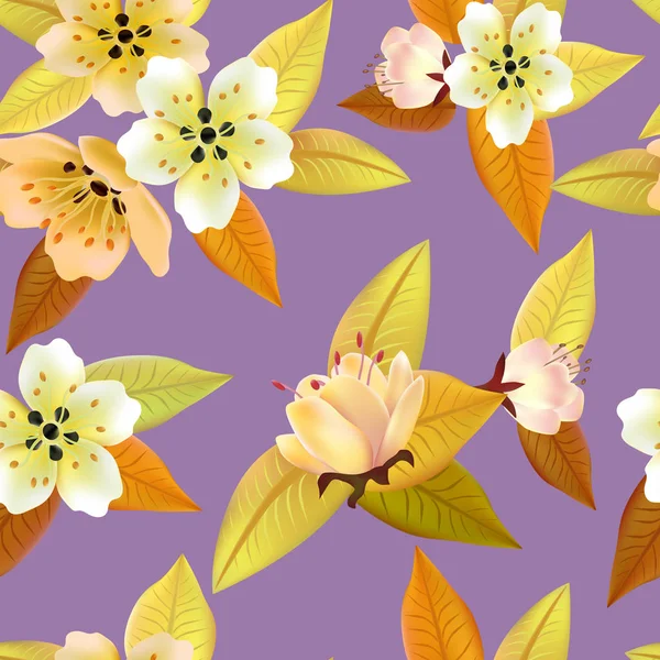 Векторный Бесшовный Весенний Фон Белыми Розовыми Цветами Зелеными Желтыми Листьями — стоковый вектор