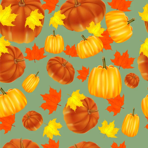シームレスな秋の背景 赤と黄色のカボチャと秋の Leaves Grapes — ストックベクタ