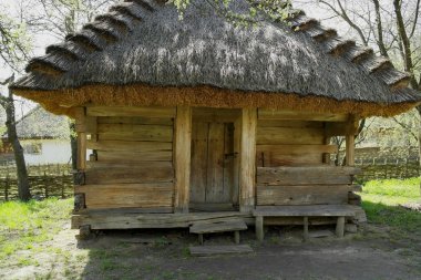  Eski Ukrayna evi. On dokuzuncu yüzyılın Ukrayna kulübesi. Bahar manzarası, çiçek açan ağaçlar. Pirogovo köyü.