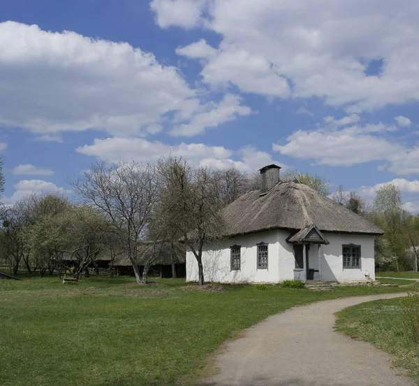 古いウクライナの家 19世紀のウクライナの小屋 春の風景 咲く木々 ピロゴヴォ村 — ストック写真