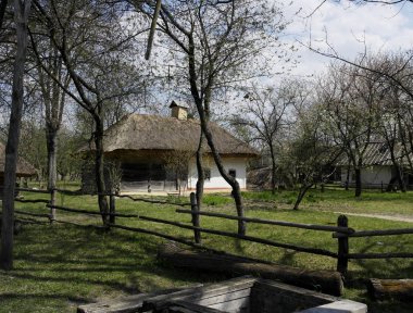 Eski Ukrayna evi. On dokuzuncu yüzyılın Ukrayna kulübesi. Bahar manzarası, çiçek açan ağaçlar. Pirogovo köyü.
