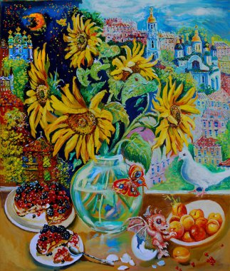 Resim, Fantastik şehrin bir arka plan üzerinde Natürmort sarı ayçiçeği. Tuval üzerine boyama.