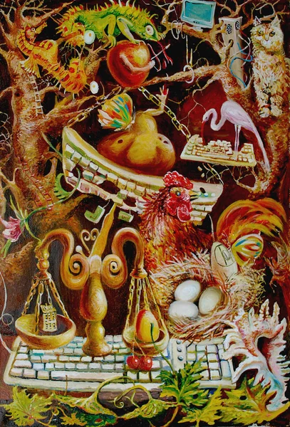キャンバスに絵を描く プログラマーの夢の中のビジョン シュールレアリズム 鶏が卵を産む 美術品 — ストック写真