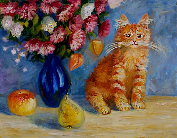 Målning Duk Röd Katt Nära Blå Vas Med Blommor Olja — Stockfoto