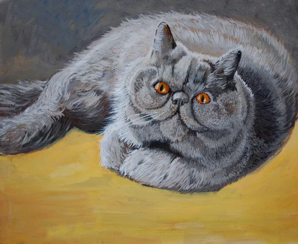 Painting on canvas, gray cat on the background of the yellow floor. Oil on canvas.