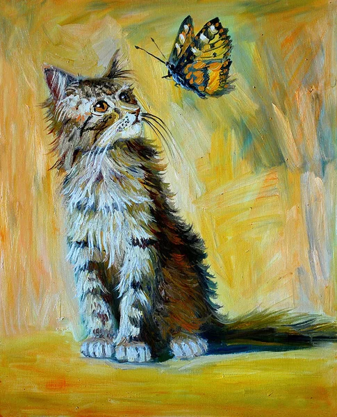 Tuval, gri kedi ve kelebek sarı duvarın arka planda boyama. Tuval üzerine yağlıboya.