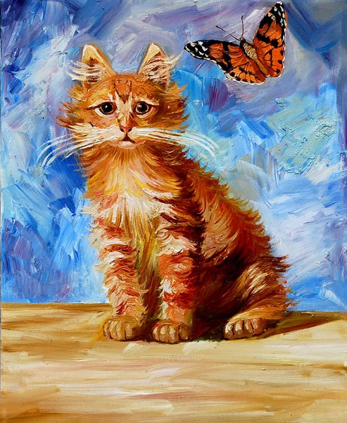 Painting on canvas red cat and butterfly on the background of the blue wall. Oil on canvas.