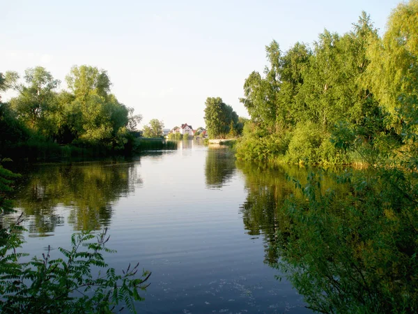 Yaz mavisi gökyüzünün arka planında akşam manzarası, nehir ve ağaçlar.