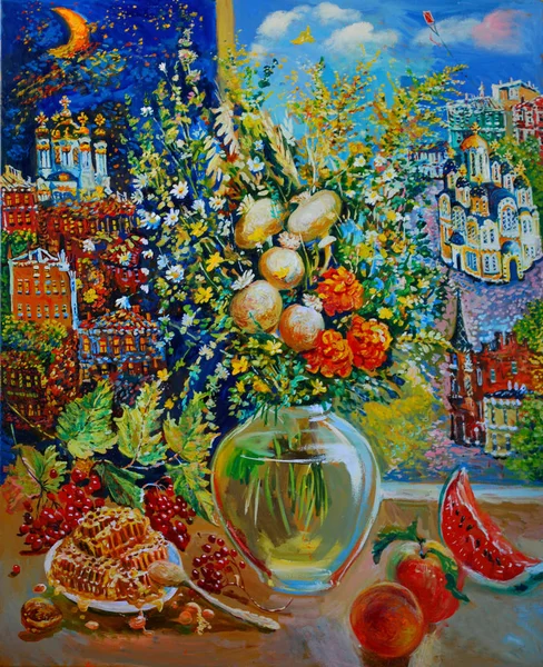 Painting, Still Life daisies carnations and poppies on a background of the fantastic city. Painting on canvas.