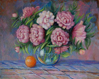 Yağlıboya hala şakayık çiçek bir buket ile yaşam cam vazo. Güzel sanatlar