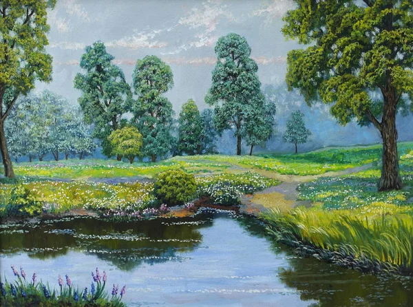 Oil paintings morning landscape in spring with lawn trees and a pond. Fine art