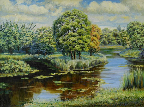 Oil paintings morning landscape in spring with lawn trees and a pond. Fine art