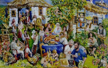  Yağlıboya, köyde hasat festivali, birçok insan ve hayvan ın bayramını kutluyor. Güzel sanatlar.